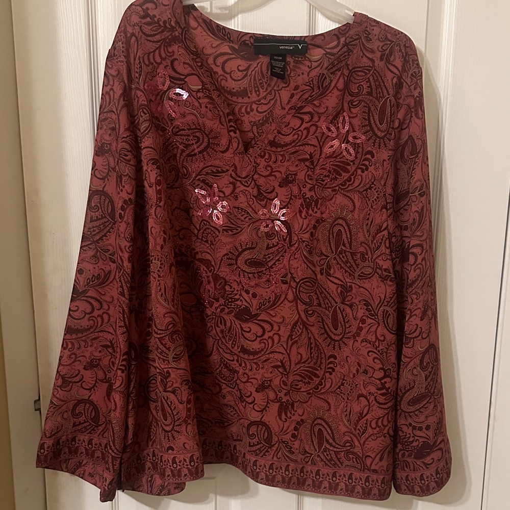 Venezia Burgundy & Pink Paisley Sequin Blouse